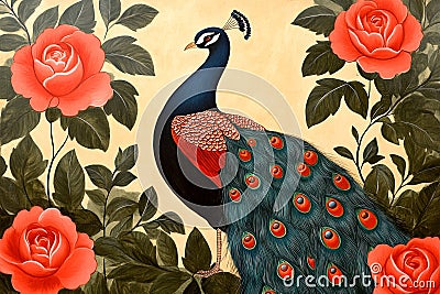 Majestic peacock resting gracefully among vibrant roses in a lush Mughal garden setting Stock Photo