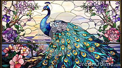 Majestic Peacock on Stained Glass Artwork. Generative ai Cartoon Illustration