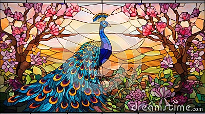 Majestic Peacock on Stained Glass Artwork. Generative ai Cartoon Illustration