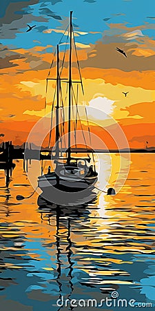 Majestic Ports: A Stunning Sunset Painting Of A Catalina 22 In Nantucket Harbor Stock Photo