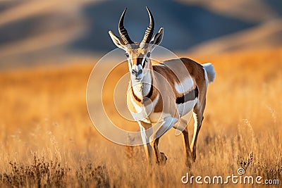 Majestic Pronghorn Antelope Galloping through Golden Grasslands Stock Photo