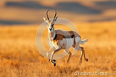 Majestic Pronghorn Antelope Galloping through Golden Grasslands Stock Photo