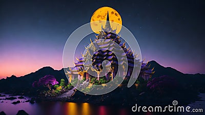 Majestic purple temple stands proudly against the backdrop of the night sky illuminated by the soft glow of the moon. Stock Photo