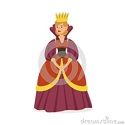 Majestic queen in purple dress and gold crown, fairytale or European medieval character colorful vector Illustration Vector Illustration