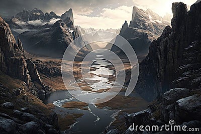 Majestic River Meandering Through Majestic Mountain Range, AI Generative Cartoon Illustration