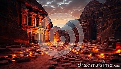 Majestic ruins illuminate ancient spirituality in a dark cityscape adventure generated by AI Stock Photo