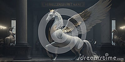 Pegasus at the Court of King Midas: Mythical Scene with Flying Horse Stock Photo