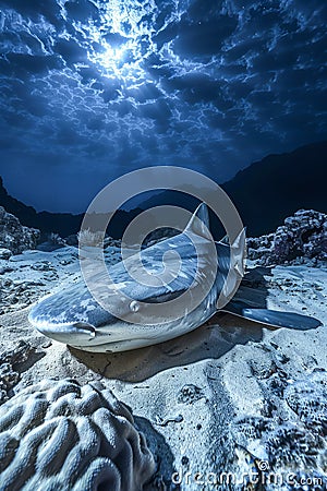 Majestic Shark on the Ocean Bed Under Moonlight with Coral Reefs in a Mysterious Underwater Seascape Stock Photo
