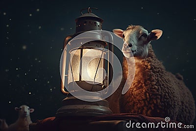 Majestic sheep by a star-topped lantern, a harmonious duo Stock Photo