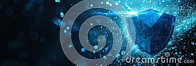 Majestic shield pulsating with blue particles and light rising from a field of encrypted data encapsulating the essence of Stock Photo