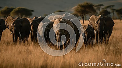 A herd of elephants making their way through tall grass created with Generative AI Stock Photo