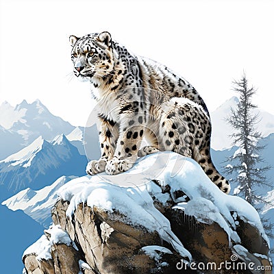 Majestic Snow Leopard Perching on a Rocky Pinnacle in a Snowy Landscape Stock Photo