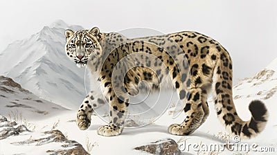 A majestic snow leopard prowling in a snowy mountain landscape, its coat patterned with distinctive black spots and rosettes Cartoon Illustration