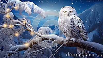 A majestic snowy owl perched on a snow-covered branch Stock Photo