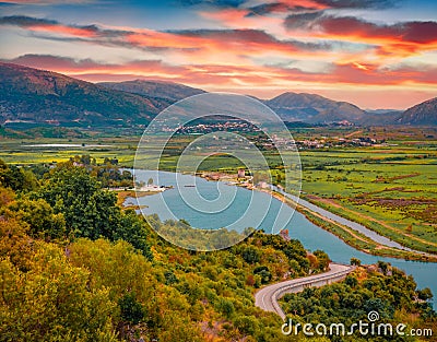 Majestic spring view of Butrint National Park with Venetian Triangle Castle. Stock Photo