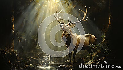 Majestic stag standing in winter forest, gazing at the moon generated by AI Stock Photo