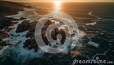 Majestic stone cliff breaks wave at sunset generated by AI Stock Photo