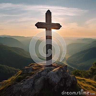 Majestic Stone Cross Carved into Cliff Face Above Mountain Valley at Sunrise AI Generated Cartoon Illustration