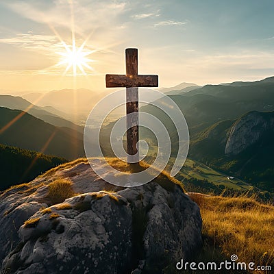 Majestic Stone Cross Carved into Cliff Face Above Mountain Valley at Sunrise AI Generated Cartoon Illustration