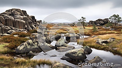 Majestic Stone River A Traditional British Landscape With Wetlands And Boulders Stock Photo