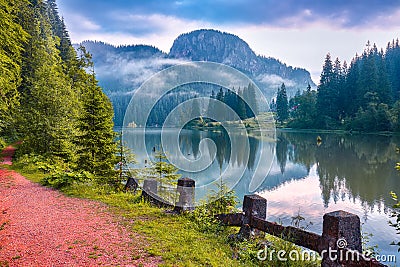 Majestic summer view of mountain lake Lacul Rosu or Red Lake or Killer Lake Stock Photo