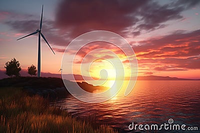 Majestic sunset meets clean energy, Wind turbine on the horizon Stock Photo