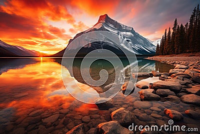 Majestic sunset over Lake Louise, Banff National Park, Alberta, Canada, Sunrise reflection of a orange mountain at Lake Minnewanka Stock Photo