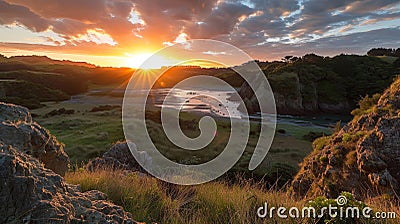 Majestic Sunset Over New Zealand's Iconic Landscape. Stock Photo