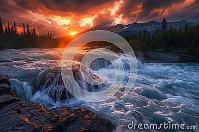 Majestic Sunset Over Rushing River and Waterfall in Scenic Mountain Landscape with Vivid Sky Stock Photo
