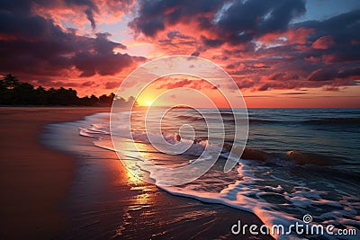 Majestic sunset with radiant clouds above tranquil beach, waves gently kissing the sandy shore Stock Photo