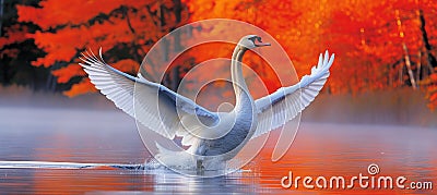 Majestic swan gliding serenely on tranquil countryside pond in a peaceful farm setting Stock Photo