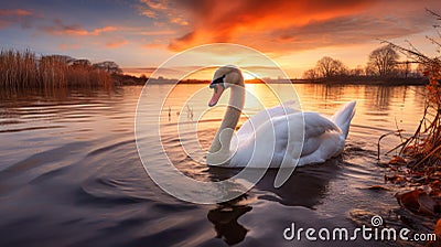 Beautiful Sunset Swan: A Captivating British Landscape Photography Stock Photo