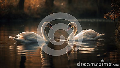 Majestic swans swim in tranquil pond waters generated by AI Stock Photo