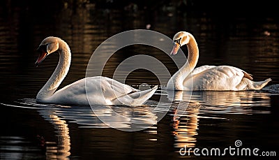 Majestic swans in tranquil pond reflect natural beauty generated by AI Stock Photo