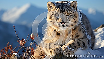 Majestic tiger sitting in snow, gazing at camera with intensity generated by AI Stock Photo