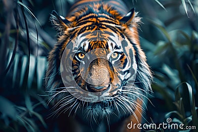 Majestic Tiger Stalking Through Dense Jungle Foliage, Intense Gaze of Apex Predator, Wildlife Photography, Vibrant Nature Scene Stock Photo