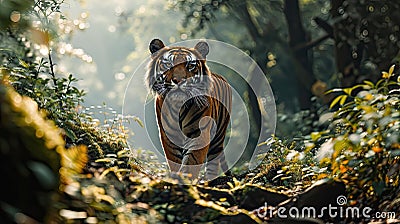 Majestic Tiger Staring Intently in Lush Forest Environment. Stock Photo