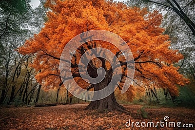 majestic tree with bright orange leaves in autumn forest Stock Photo