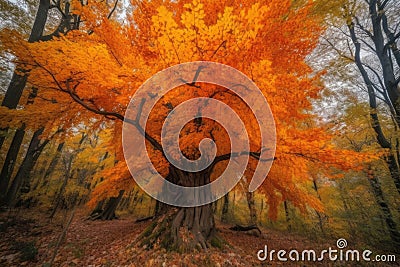 majestic tree with bright orange leaves in autumn forest Stock Photo