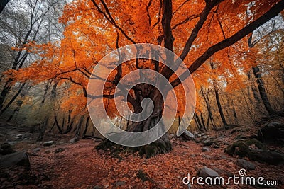 majestic tree with bright orange leaves in autumn forest Stock Photo