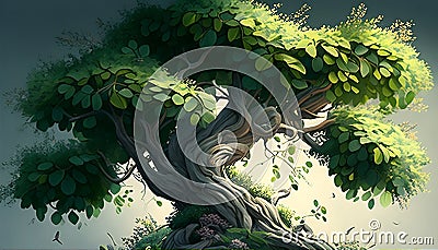Majestic Tree with Bunches of Leaves in ArtStation Style Made with Generative AI Stock Photo