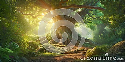 Majestic tree in green summer forest, sunbeams through the branches. Generative AI panoramic illustration Cartoon Illustration
