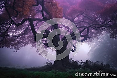 majestic tree surrounded by dark purple mist in magical forest Stock Photo