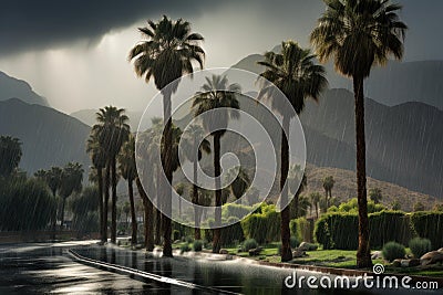 Majestic Tropical palm on mountain in rainy weather. Generate ai Stock Photo