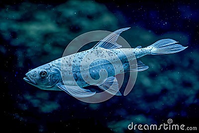 Majestic Underwater Shot of a Single Fish Swimming Gracefully in the Deep Blue Ocean Waters, Illuminated by Ambient Light Stock Photo