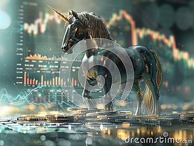 A majestic unicorn standing of a pile of various cryptocurrency tokens Stock Photo