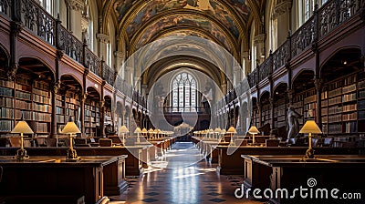 A majestic university hall, adorned with intricate murals depicting scenes from literature. Marble busts of great thinkers stand Stock Photo