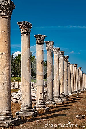 Majestic view of Agora of Ephesus from columnar road and columns, Izmir, Turkey Stock Photo