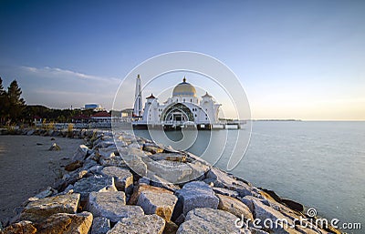 Majestic view of Malacca Straits Mosque during sunset Stock Photo