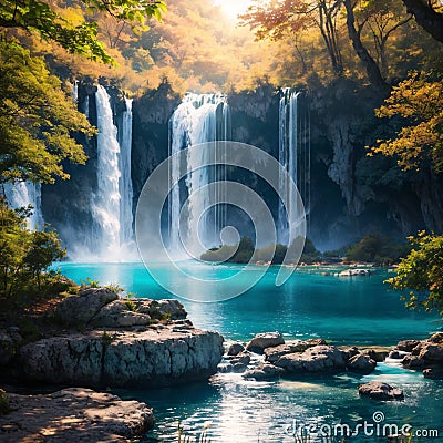 Majestic view on turquoise water and sunny beams. Location famous resort Plitvice Lakes National Park, Stock Photo